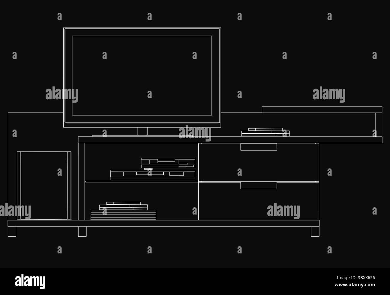 Une télévision à écran plat se trouve un haut d'une armoire en bois avec des tiroirs, entouré d'objets dispersés dans un croquis noir et blanc. L'arrière-plan sombre améliore t Illustration de Vecteur