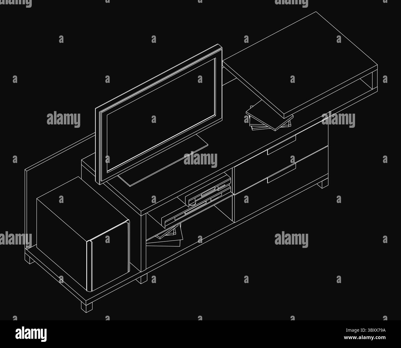 Dessin au trait noir et blanc d'un meuble TV élégant avec un téléviseur à écran plat sur le dessus, aux lignes épurées et au design minimaliste. L'arrière-plan foncé enha Illustration de Vecteur