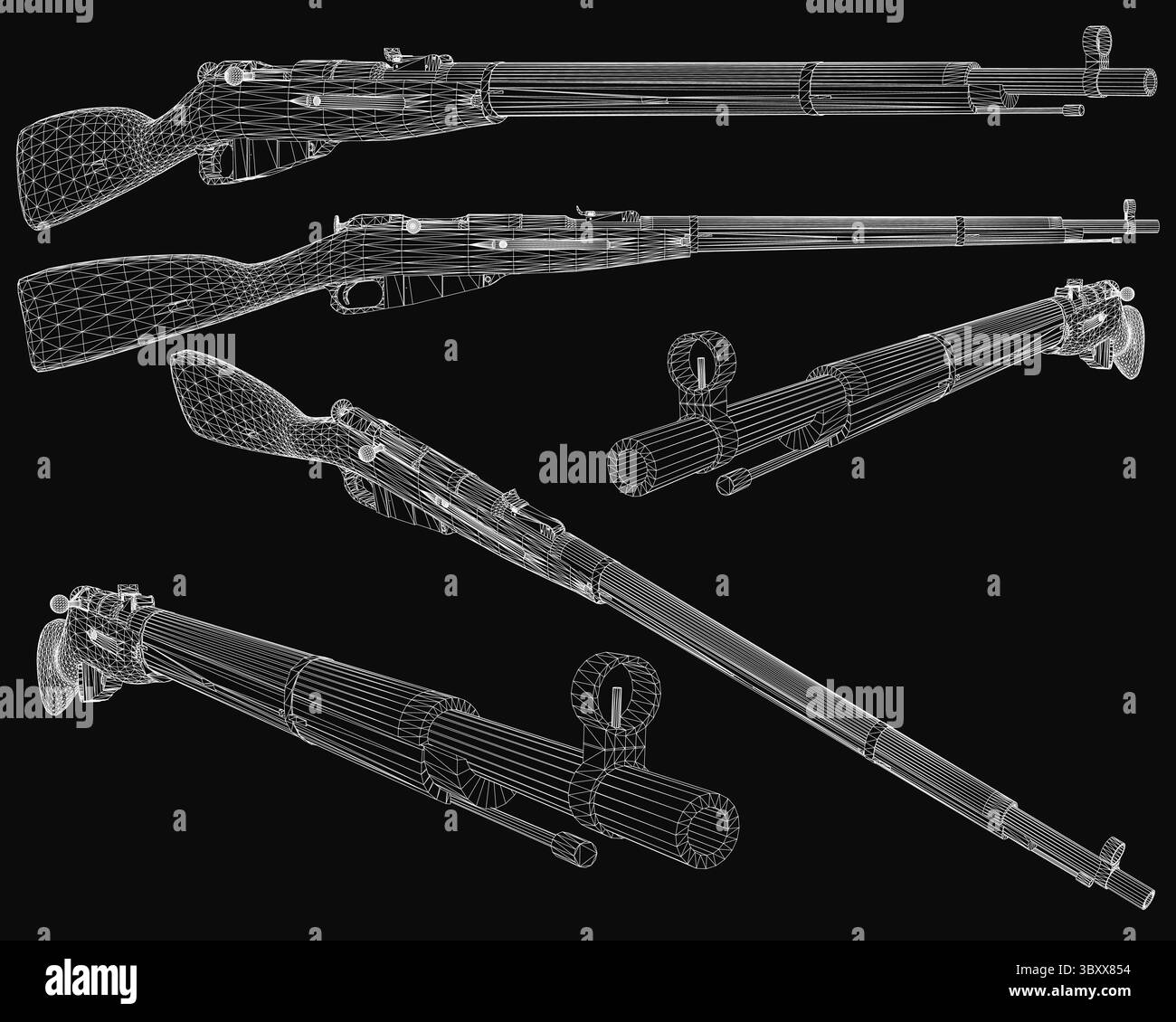 Plan de fusil antique en 3D, présentant des détails mécaniques complexes et des courbes réalistes sur un fond noir élégant. La conception met en évidence Precisi Illustration de Vecteur