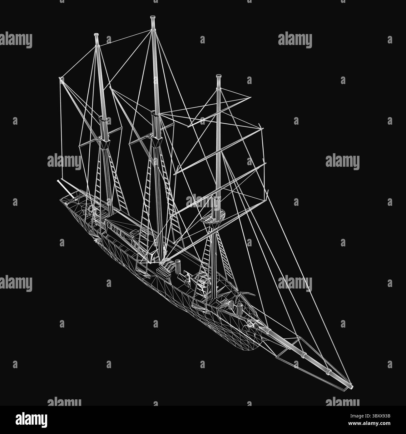 Plan de modèle 3D de grand voilier sur fond noir, avec des voiles détaillées, des mâts robustes et une coque bien définie. Parfait pour les thèmes nautiques, histor Illustration de Vecteur