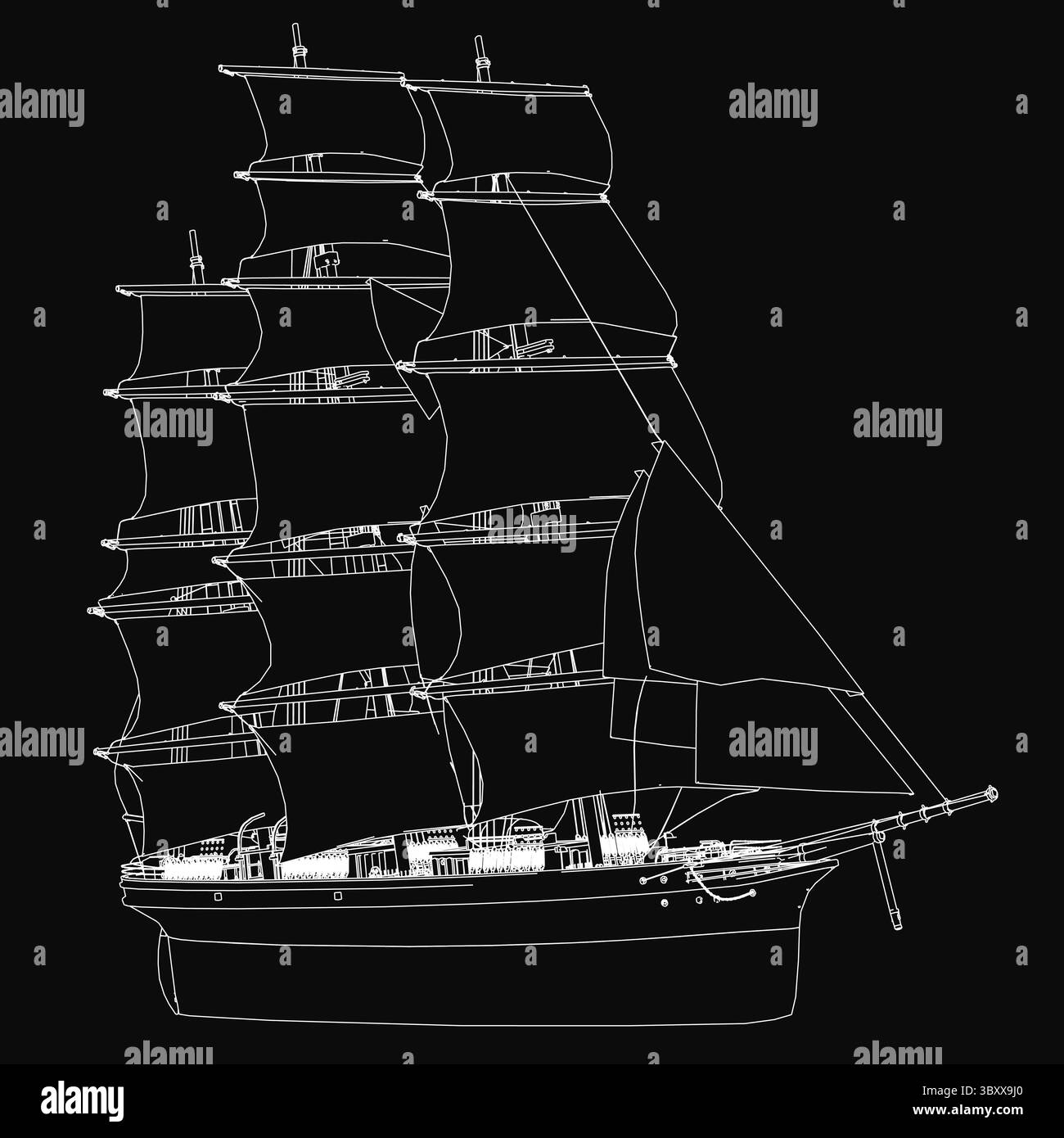 Un grand voilier aux voiles pleines glisse dans l'eau dans un dessin noir et blanc dramatique, sur un fond sombre et sombre. La riggin complexe Illustration de Vecteur