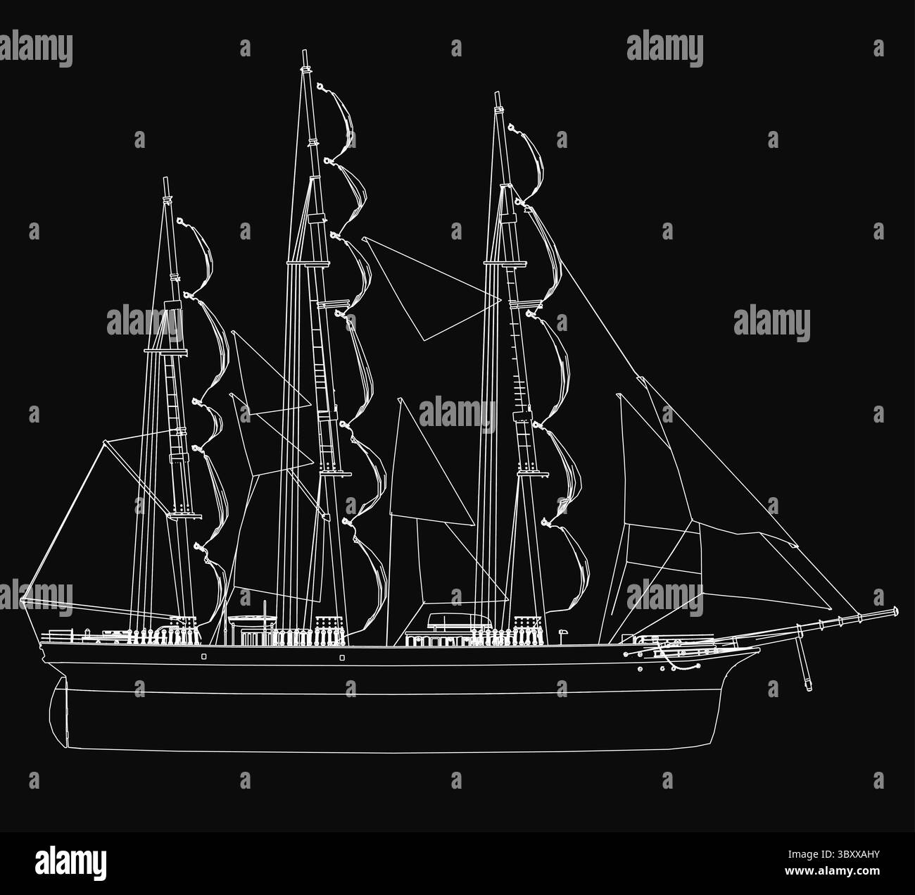 Un grand voilier aux voiles gonflantes glisse dans l'eau dans ce dessin noir et blanc saisissant. Le gréement détaillé et les voiles texturées se démarquent Illustration de Vecteur