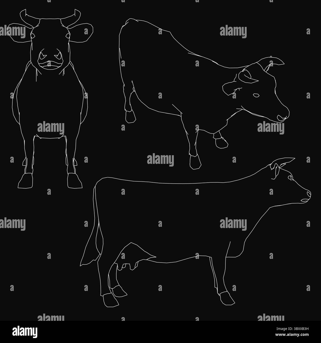 Trois vaches noires et blanches se distinguent sur un fond sombre aux contours blancs nets. L'effet silhouette très contrasté crée un look saisissant Illustration de Vecteur