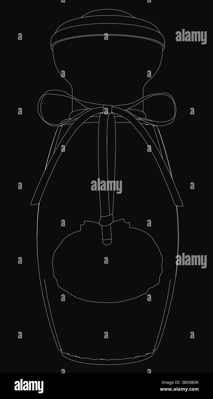 Un dessin noir et blanc d'une bouteille de parfum en verre transparent avec un couvercle et une poignée, attaché avec un ruban élégant, révélant le contenu à l'intérieur. Le Illustration de Vecteur
