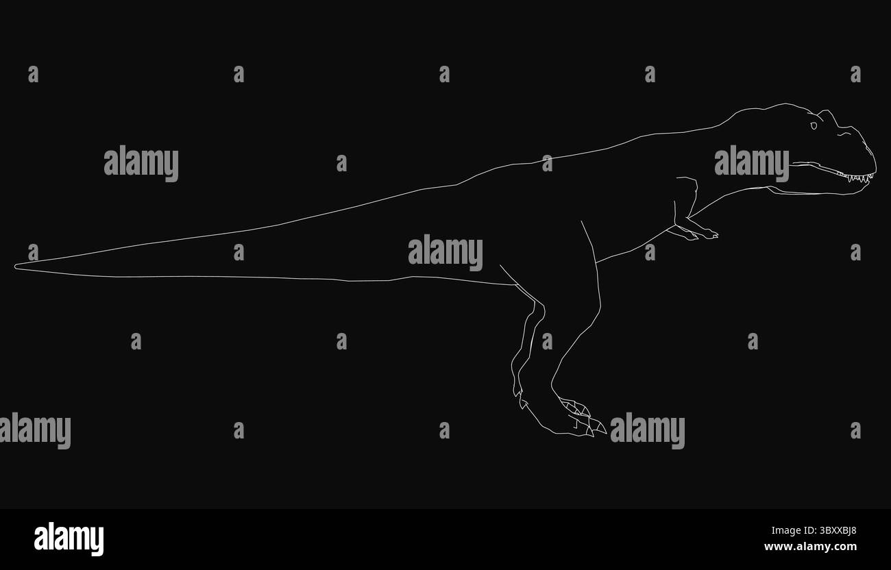 Dessin au trait T-Rex en noir et blanc, debout sur un fond sombre avec des dents pointues et des jambes puissantes. L'illustration détaillée capture le d Illustration de Vecteur
