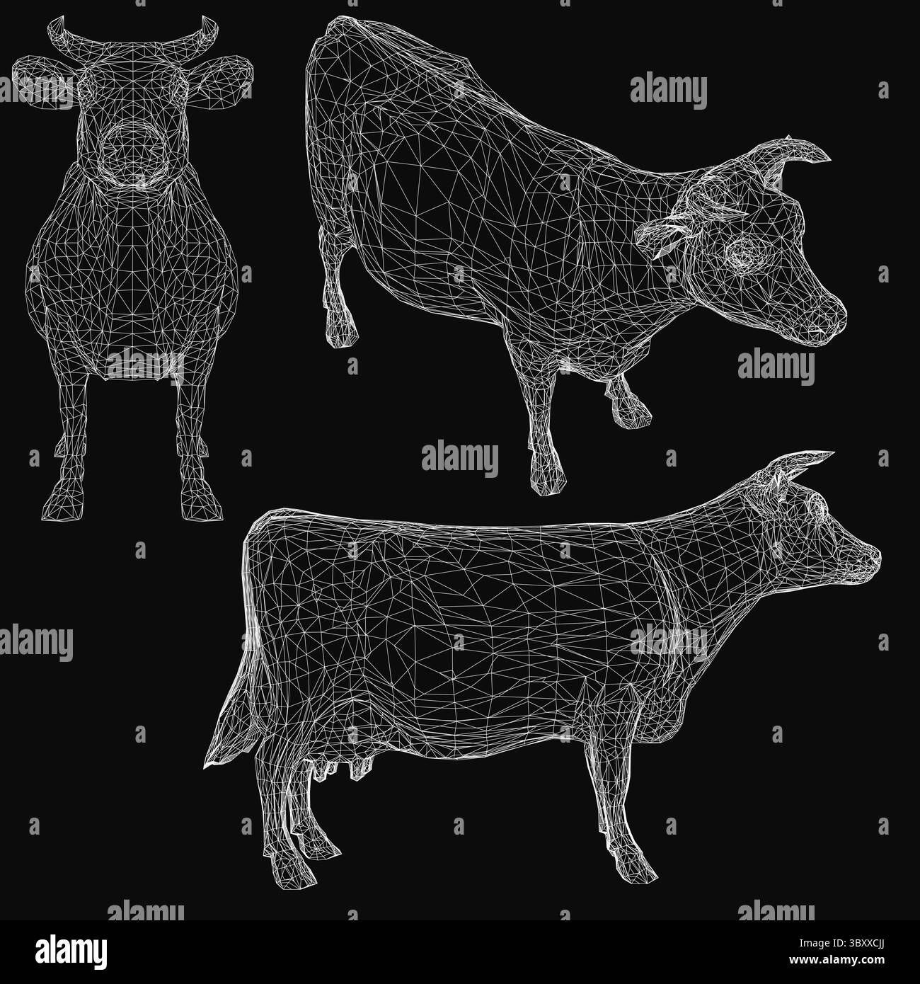 Trois vaches basses en poly se dressent dans une formation triangulaire sur un fond noir, avec la plus grande vache centrée et deux plus petites de chaque côté. Détaillé Illustration de Vecteur