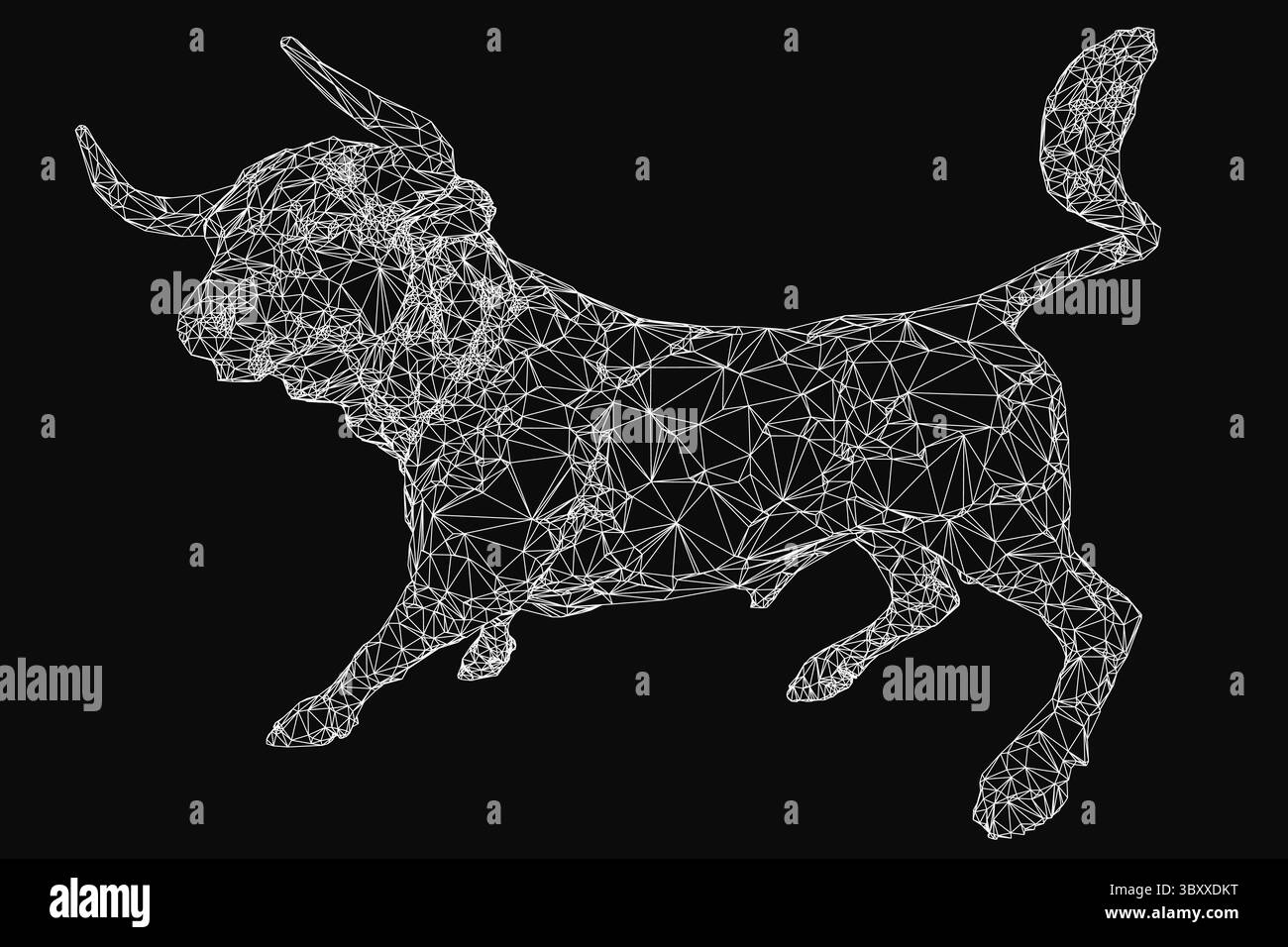 Un puissant taureau courant représenté dans un style polygonal bas, composé de formes géométriques et de lignes nettes sur un fond noir élégant. La pose dynamique co Illustration de Vecteur