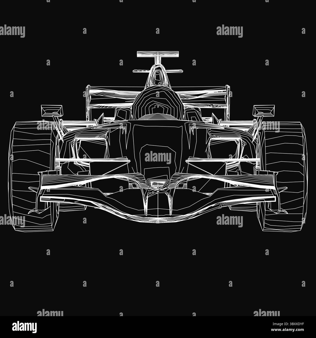 Une voiture de course élégante dessinée en noir et blanc détaillé, présentant des courbes aérodynamiques et des lignes nettes. L'arrière-plan noir à contraste élevé souligne Illustration de Vecteur