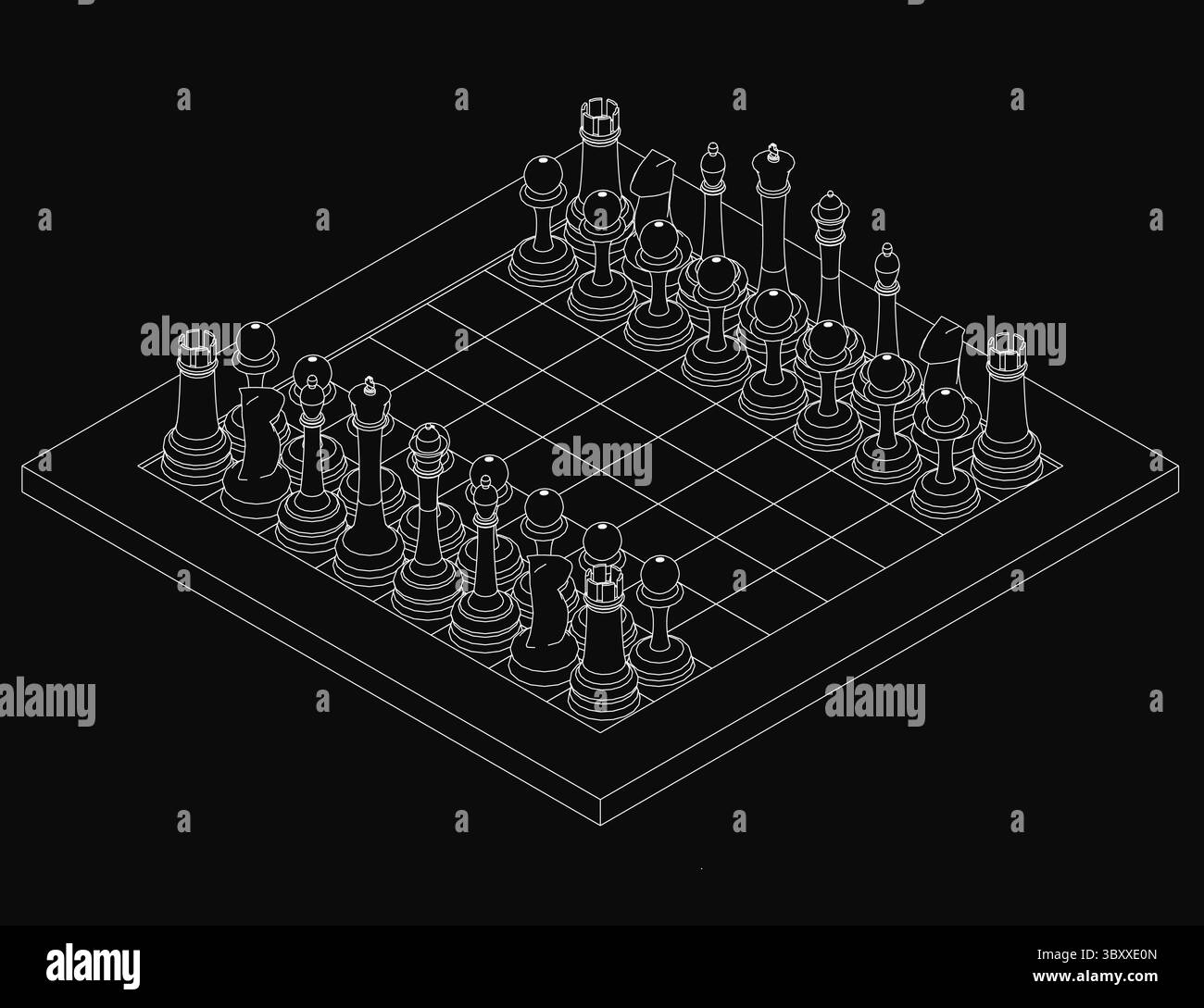 Échiquier noir et blanc avec des pièces dans les positions de départ, placé sur un fond sombre pour un contraste saisissant. Les pièces en bois sont soigneusement disposées Illustration de Vecteur Échiquier noir et blanc avec des pièces dans les positions de départ, placé sur un fond sombre pour un contraste saisissant. Les pièces en bois sont soigneusement disposées Illustration de Vecteur