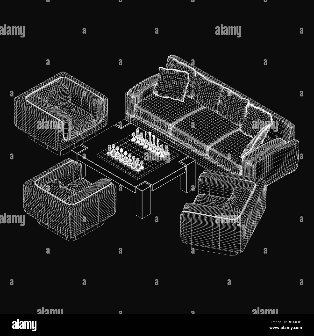 Un salon confortable dispose d'un modèle 3D avec un canapé en peluche, deux fauteuils et un échiquier avec des pièces. L'arrière-plan sombre améliore le chaud, inv Illustration de Vecteur Un salon confortable dispose d'un modèle 3D avec un canapé en peluche, deux fauteuils et un échiquier avec des pièces. L'arrière-plan sombre améliore le chaud, inv Illustration de Vecteur