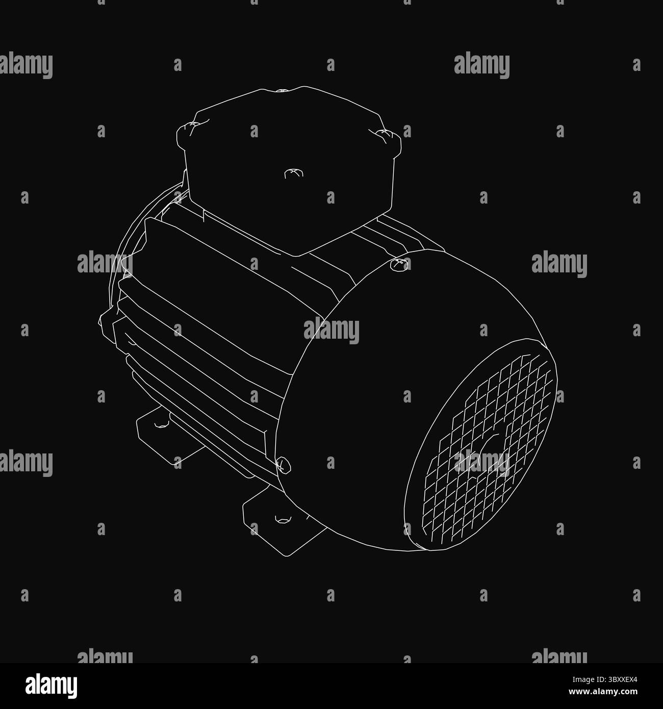 Dessin détaillé en noir et blanc d'un moteur électrique avec des composants visibles comme des bobines, un rotor et un boîtier, sur fond noir. Le te Illustration de Vecteur