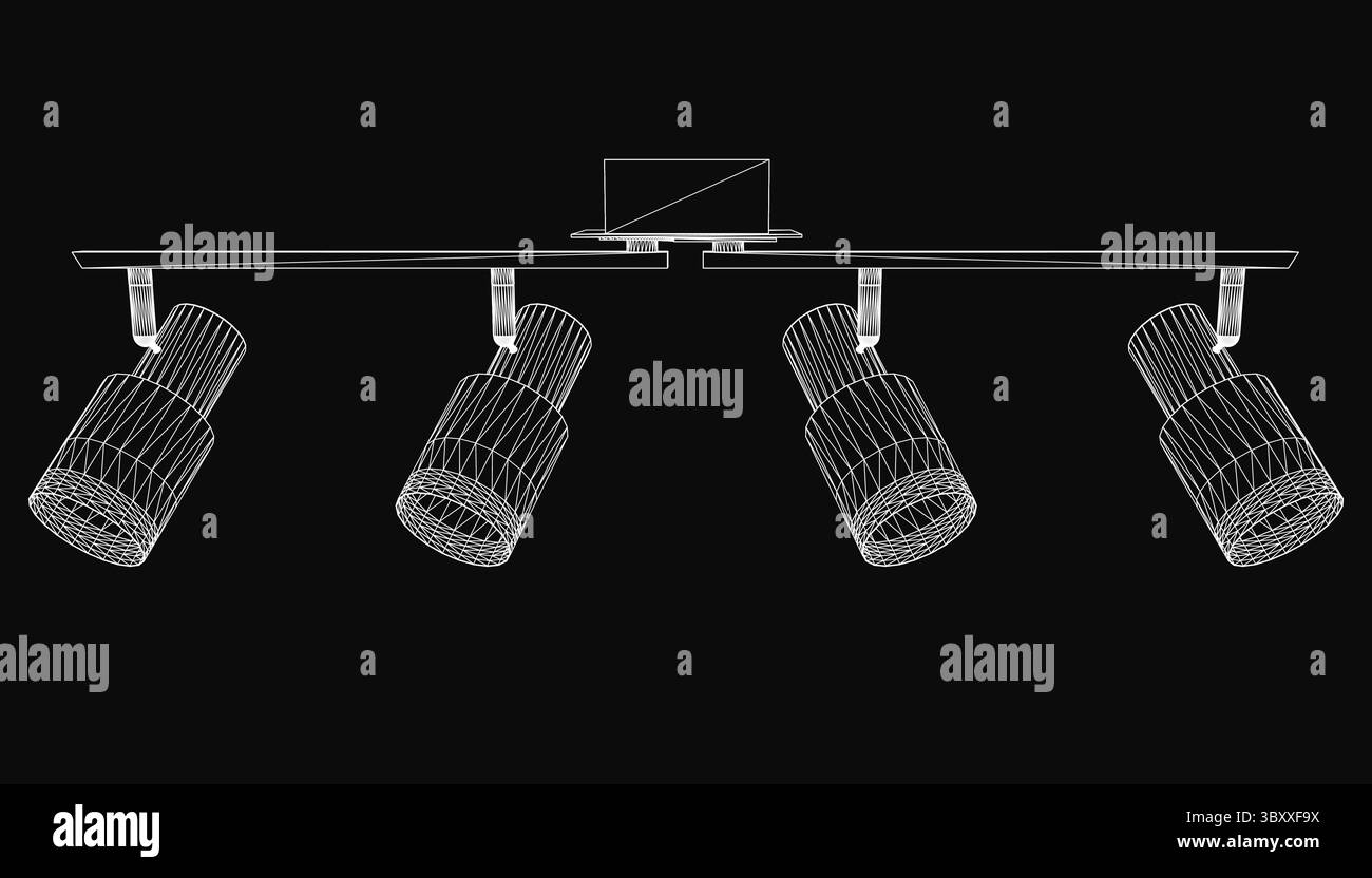 Quatre projecteurs disposés en formation triangulaire se détachent sur un fond noir. La lumière centrale est la plus grande, flanquée de deux plus petites Illustration de Vecteur