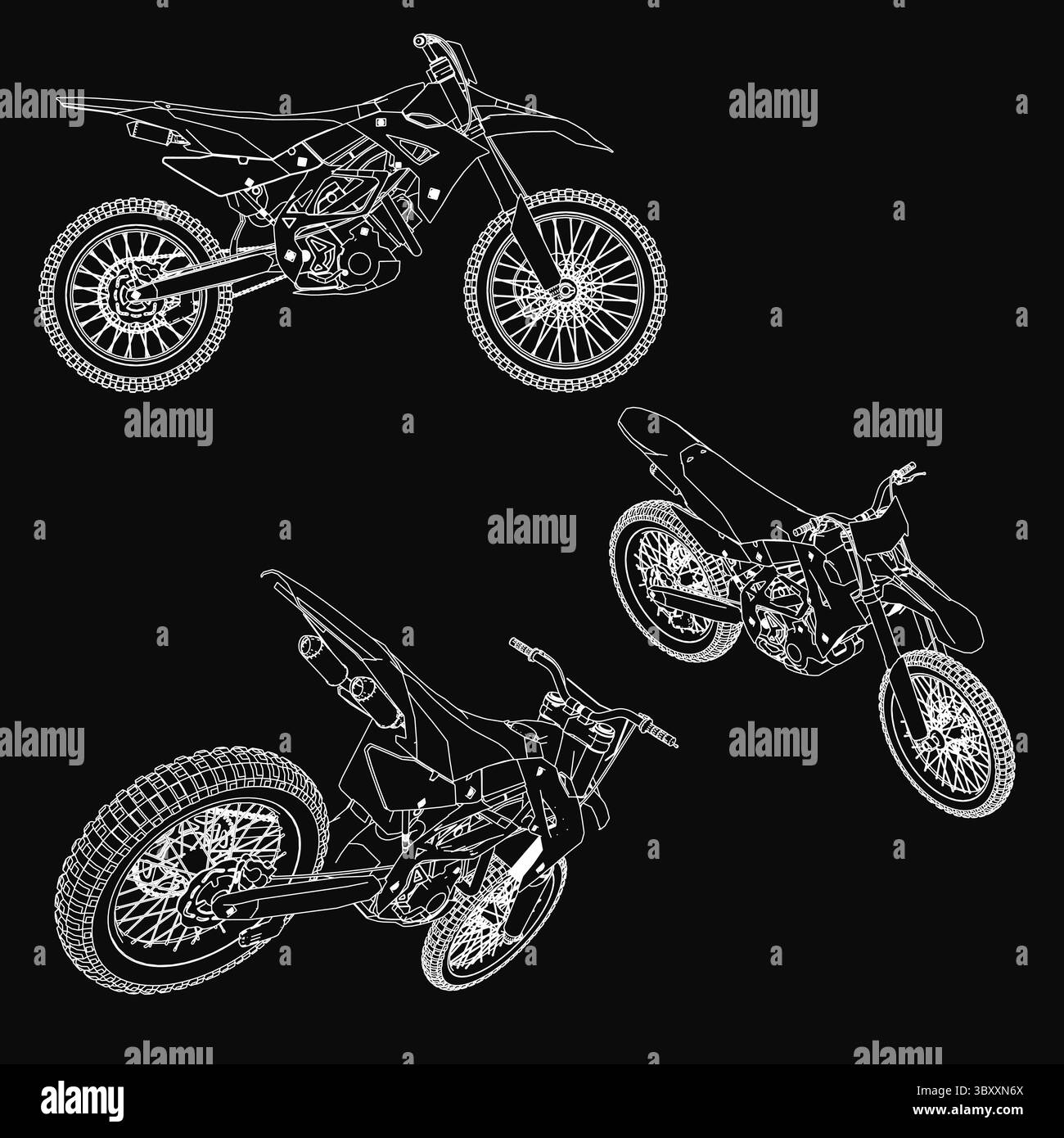 Trois motos tout-terrain élégantes au design aérodynamique se distinguent sur un fond noir. Le plus grand vélo est centré, flanqué de deux plus petits, tous f Illustration de Vecteur