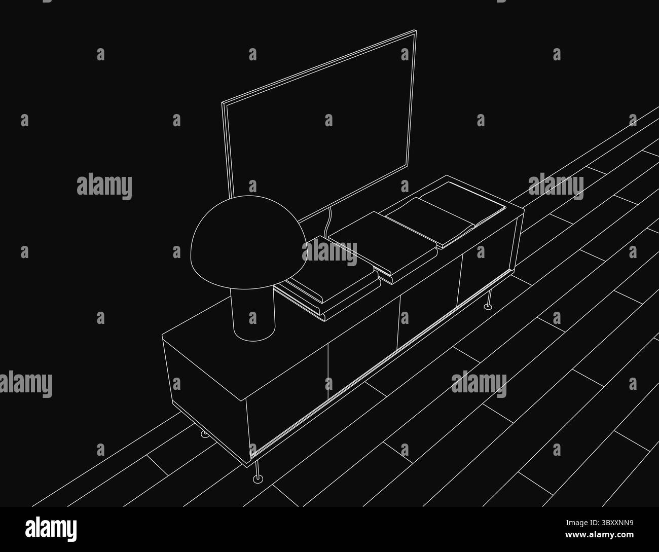 Un dessin de contour noir et blanc d'un téléviseur à écran plat sur une table, accompagné d'une lampe. Le fond sombre crée une atmosphère mystérieuse dans le ro Illustration de Vecteur