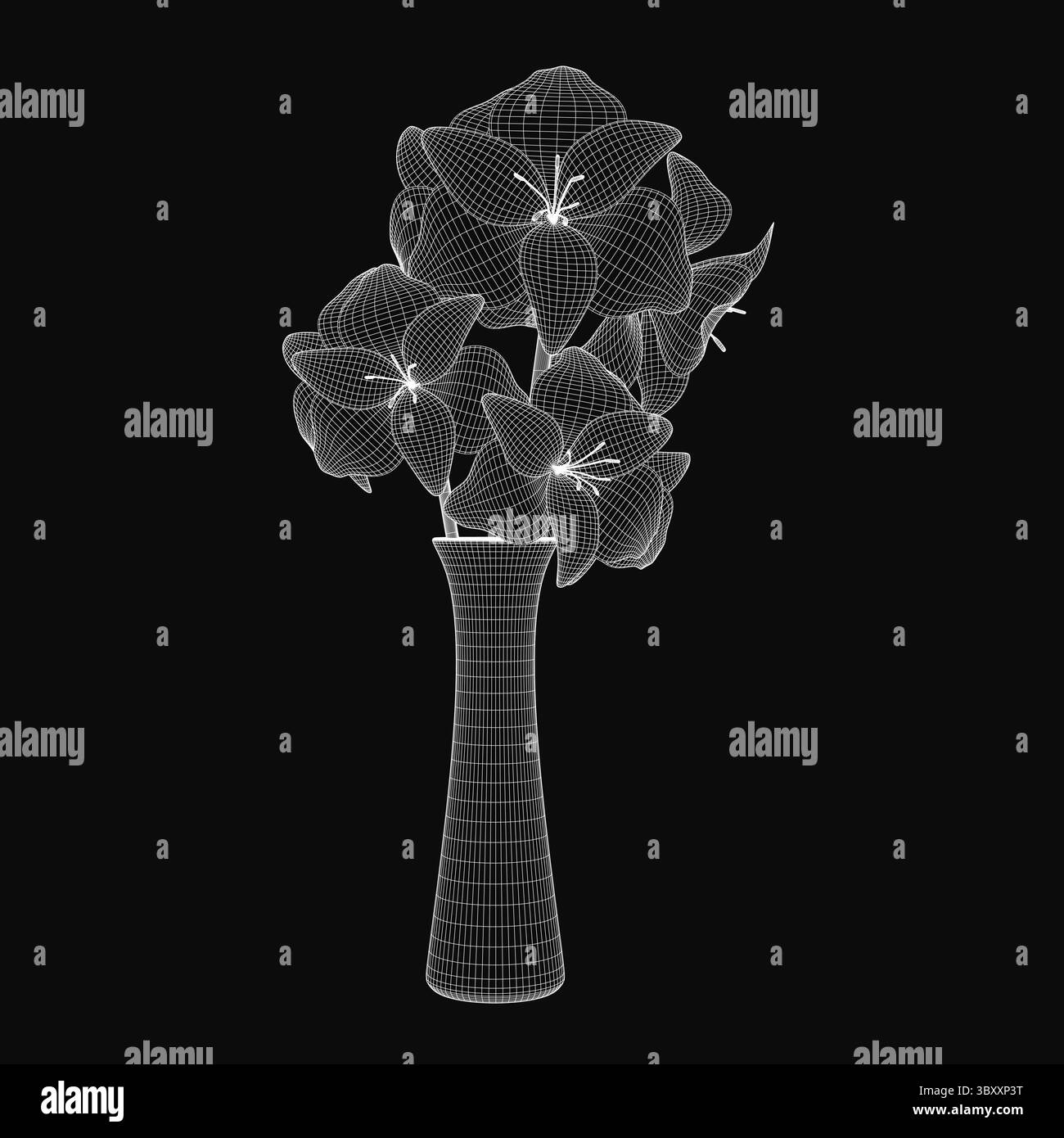 Un vase filaire 3D rempli de fleurs vibrantes se distingue sur un fond noir. Le vase présente des détails géométriques complexes, tandis que le colorf Illustration de Vecteur