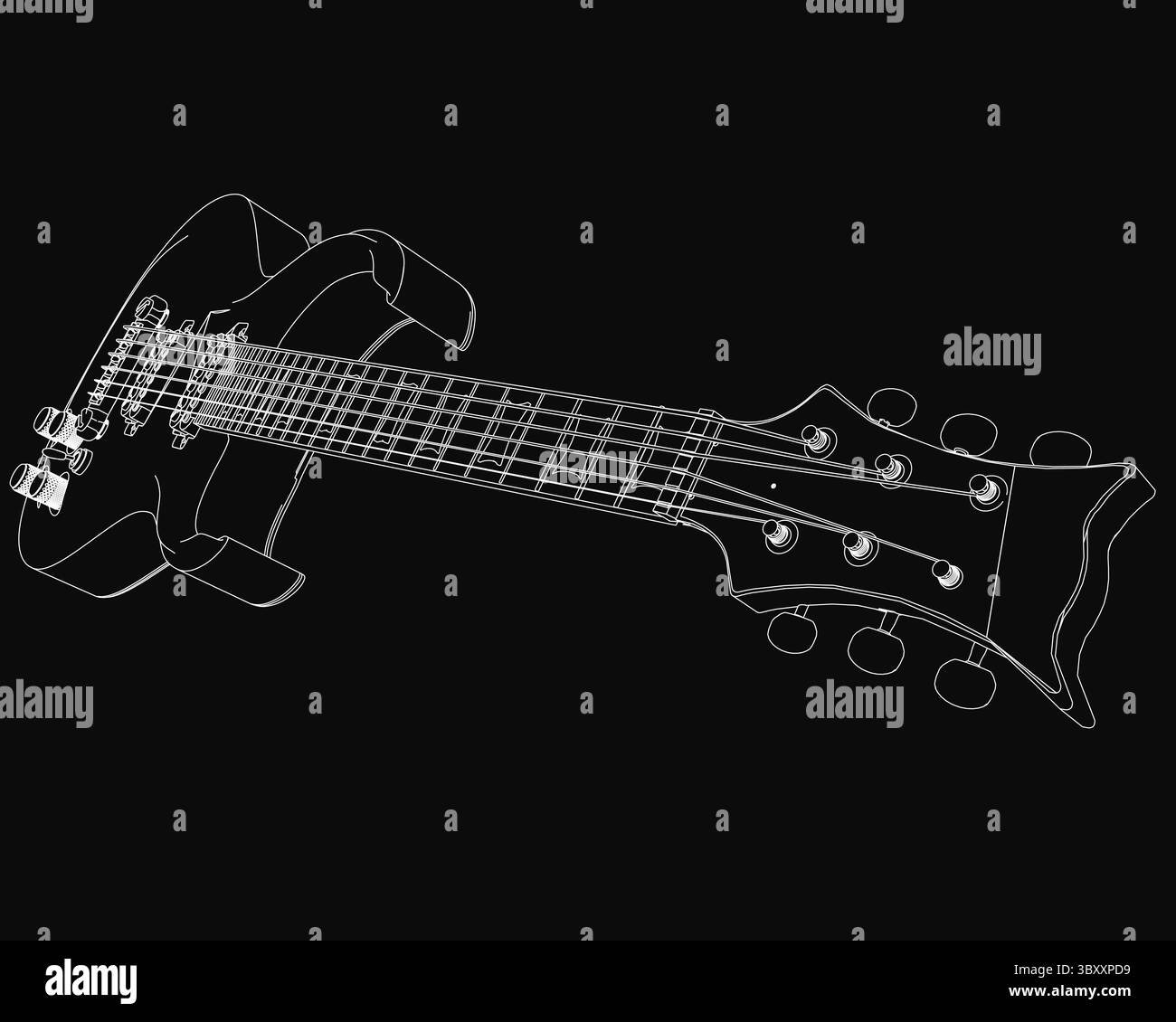 Une guitare électrique noire et blanche élégante avec une finition brillante et pickguard blanc se distingue sur un fond sombre. La touche bois de rose, chrome Illustration de Vecteur