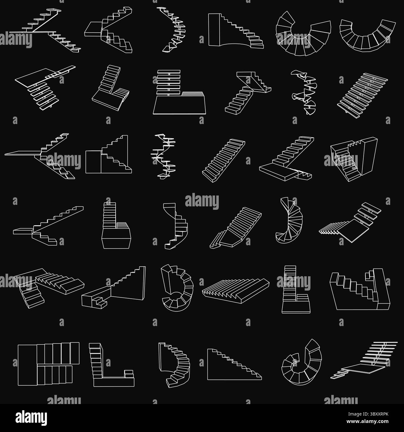 Icônes d'escalier en colimaçon blanc disposées dans un motif soigné sur un fond noir, chacune avec des contours uniques et des lignes épurées. La mise en surbrillance à contraste prononcé Illustration de Vecteur