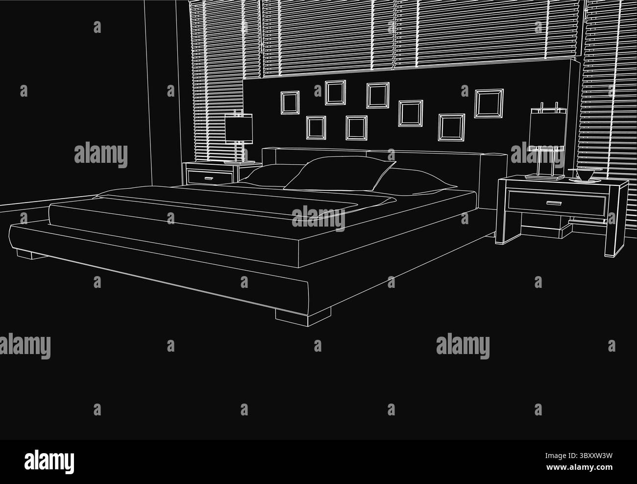 Un croquis noir et blanc d'une chambre confortable avec un lit soigneusement fait avec des oreillers moelleux, lampes élégantes sur les tables de chevet, photos encadrées sur le mur, un Illustration de Vecteur
