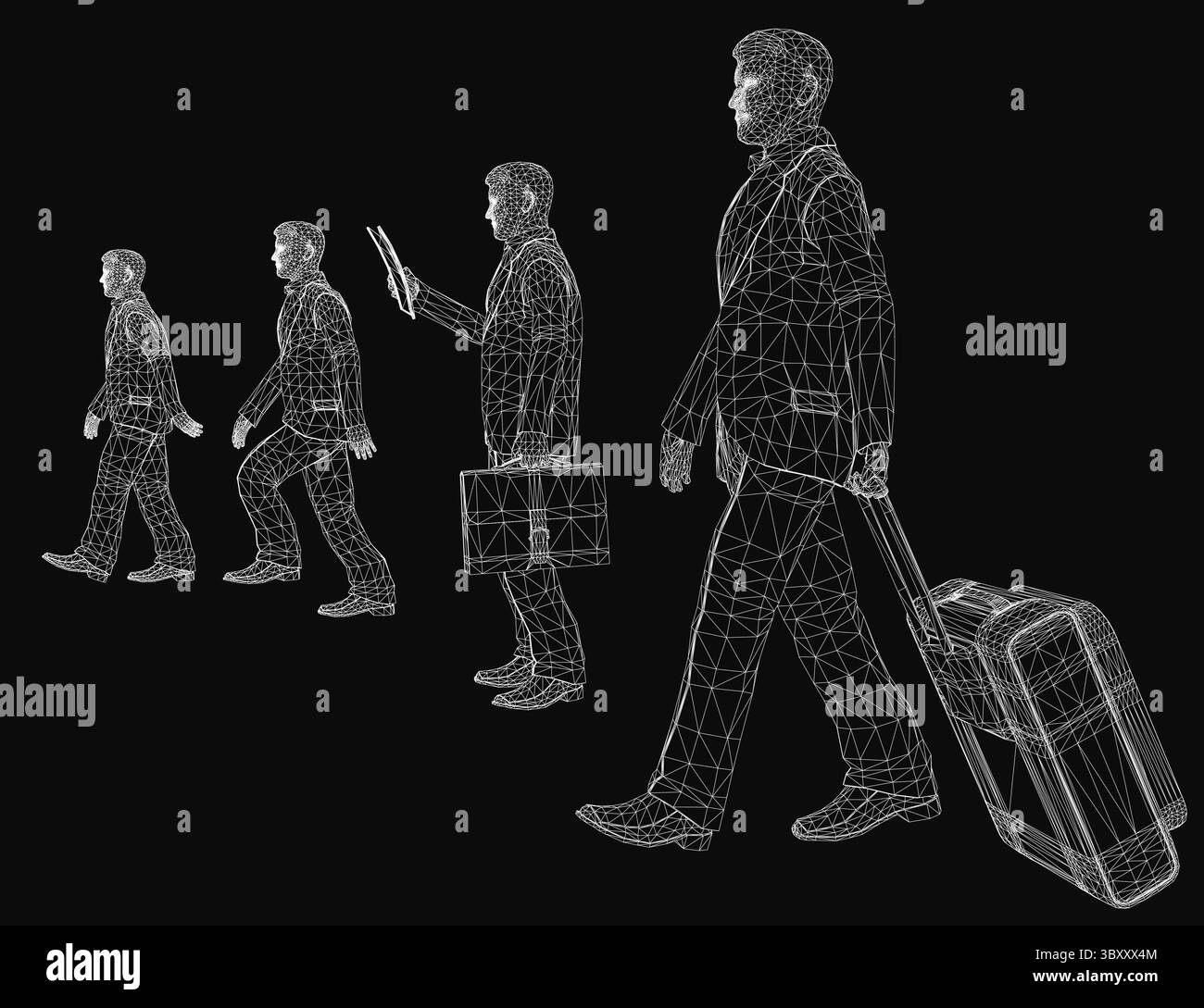 Un homme d'affaires déterminé dans un costume marche en toute confiance avec une valise et un téléphone portable, prêt pour une aventure. Le modèle 3D présente un fond sombre, Illustration de Vecteur