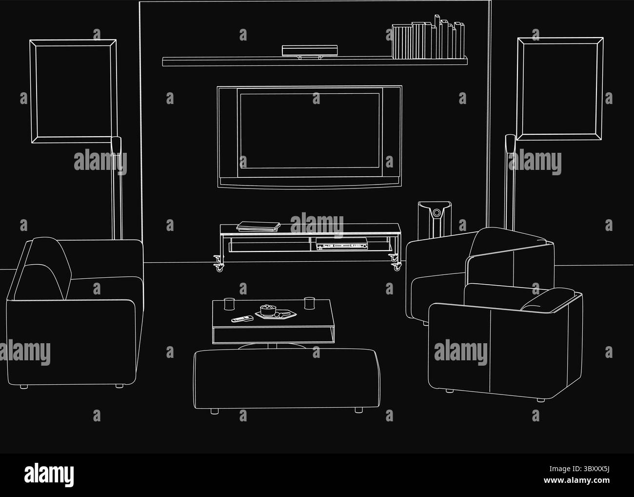 Un dessin de contour noir et blanc d'un salon confortable avec canapés, une table avec des livres et une télévision à écran plat fixée au mur. Le simple mais detaile Illustration de Vecteur