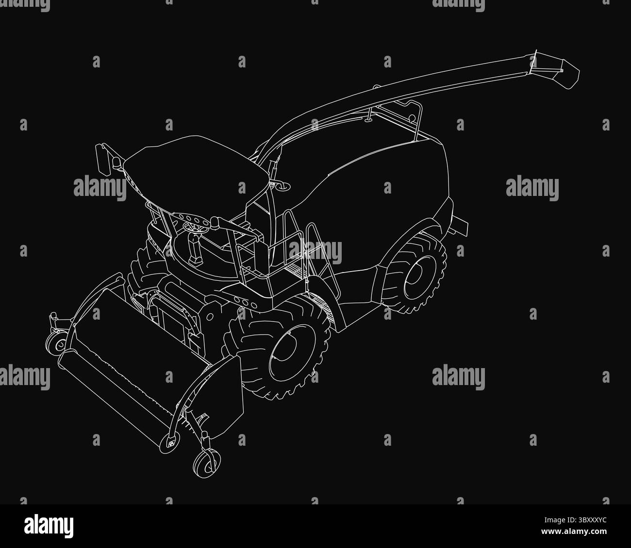 Modèle 3D noir et blanc d'un tracteur avec phares détaillés, calandre et roues, sur fond noir Uni pour un contraste élevé. L'intr Illustration de Vecteur