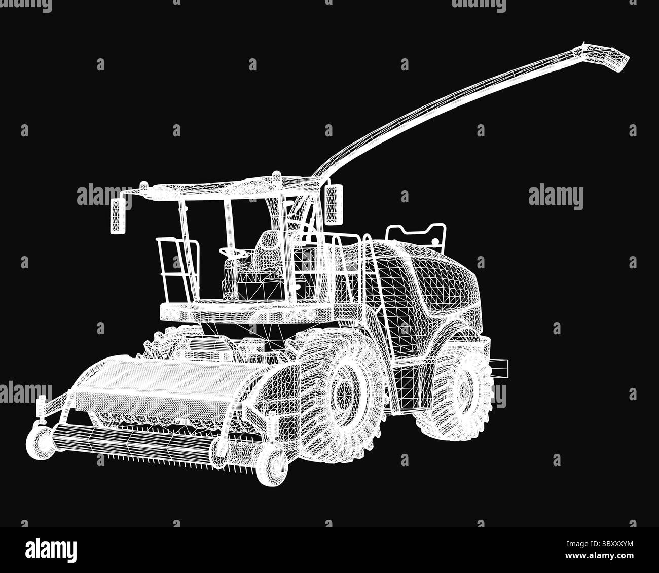 Modèle 3D détaillé d'une moissonneuse-batteuse sur fond noir, présentant des lignes de plan complexes et des courbes réalistes. La conception met en valeur mec Illustration de Vecteur