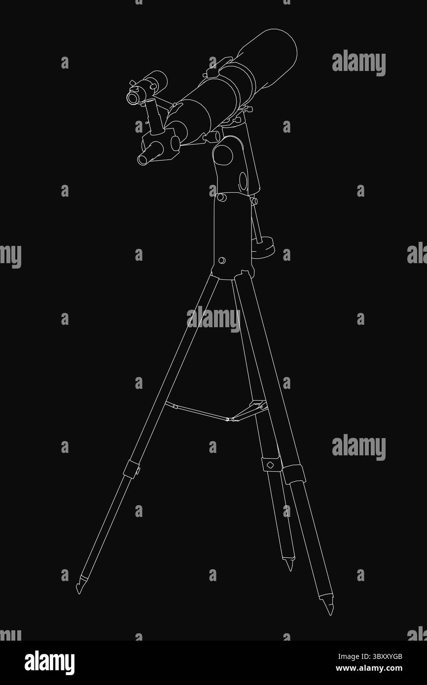 Dessin de contour noir et blanc d'un télescope monté sur un trépied robuste, placé sur un fond sombre pour le contraste. La mise en surbrillance détaillée du dessin au trait Illustration de Vecteur