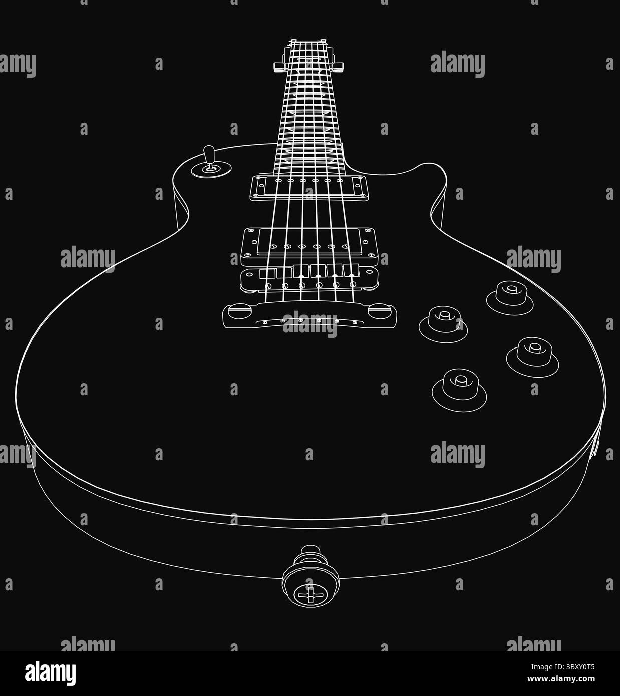 Guitare électrique noire avec un design moderne élégant, avec un corps noir brillant et un cou noir solide. Illustration de Vecteur