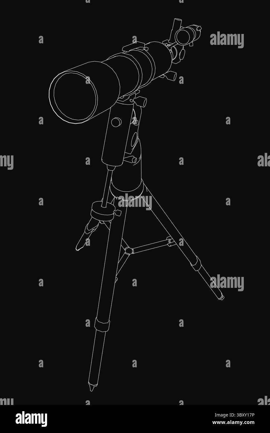 Dessin de contour noir et blanc d'un télescope monté sur un trépied robuste, placé sur un fond sombre. L'illustration présente des lignes nettes et un Illustration de Vecteur