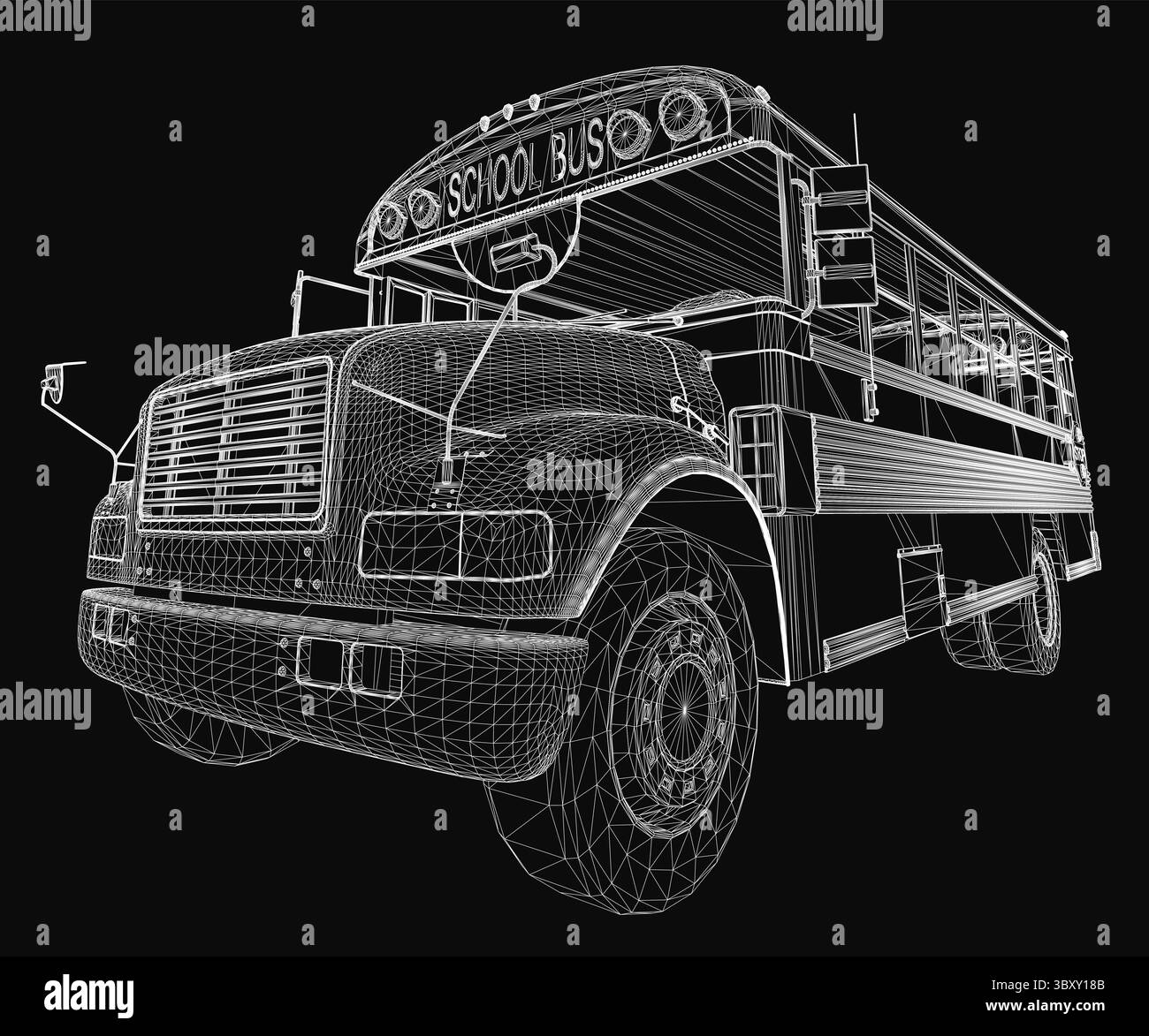 Le modèle filaire 3D d'autobus scolaire avec phares détaillés, calandre et roues se distingue sur un fond noir profond. Le design épuré met en valeur le Illustration de Vecteur