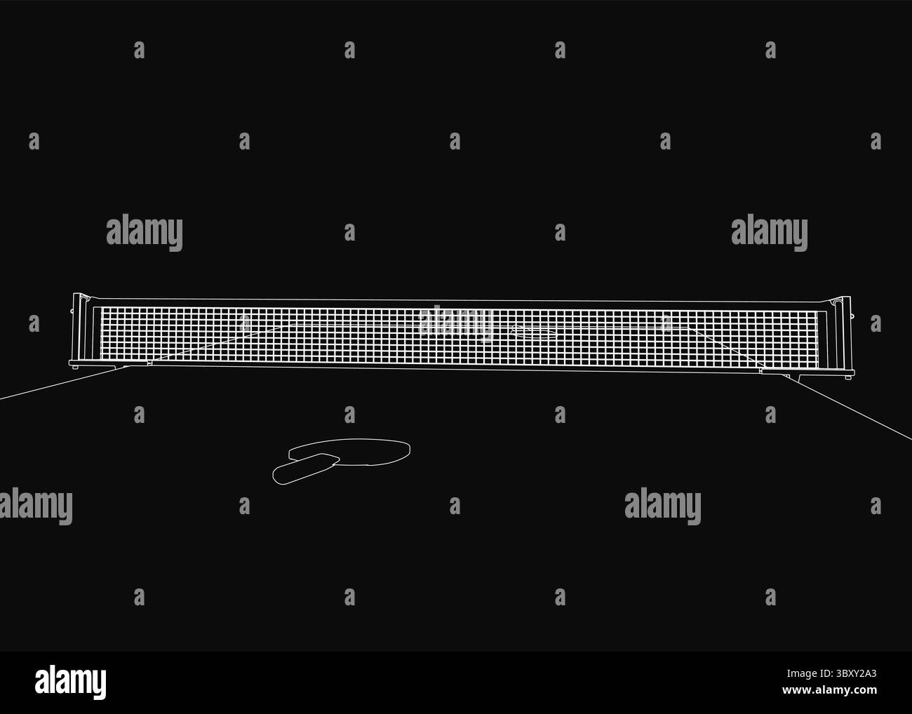 Un filet de tennis de table noir et blanc avec une balle posée sur le dessus, placé sur un fond noir élégant. L'illustration présente des lignes nettes, un contrôle élevé Illustration de Vecteur