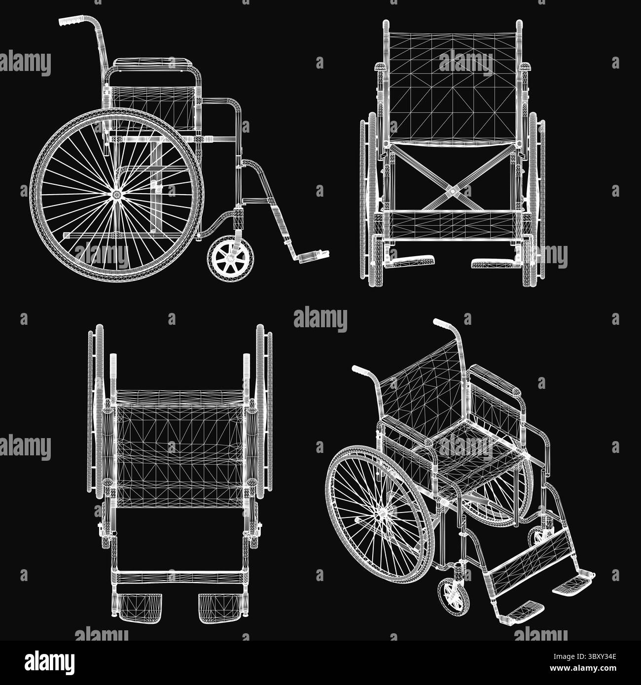 Quatre fauteuils roulants disposés dans un modèle 3D présentent des caractéristiques détaillées comme des cadres, des roues et des sièges sur un fond noir élégant. La présentation propre Illustration de Vecteur