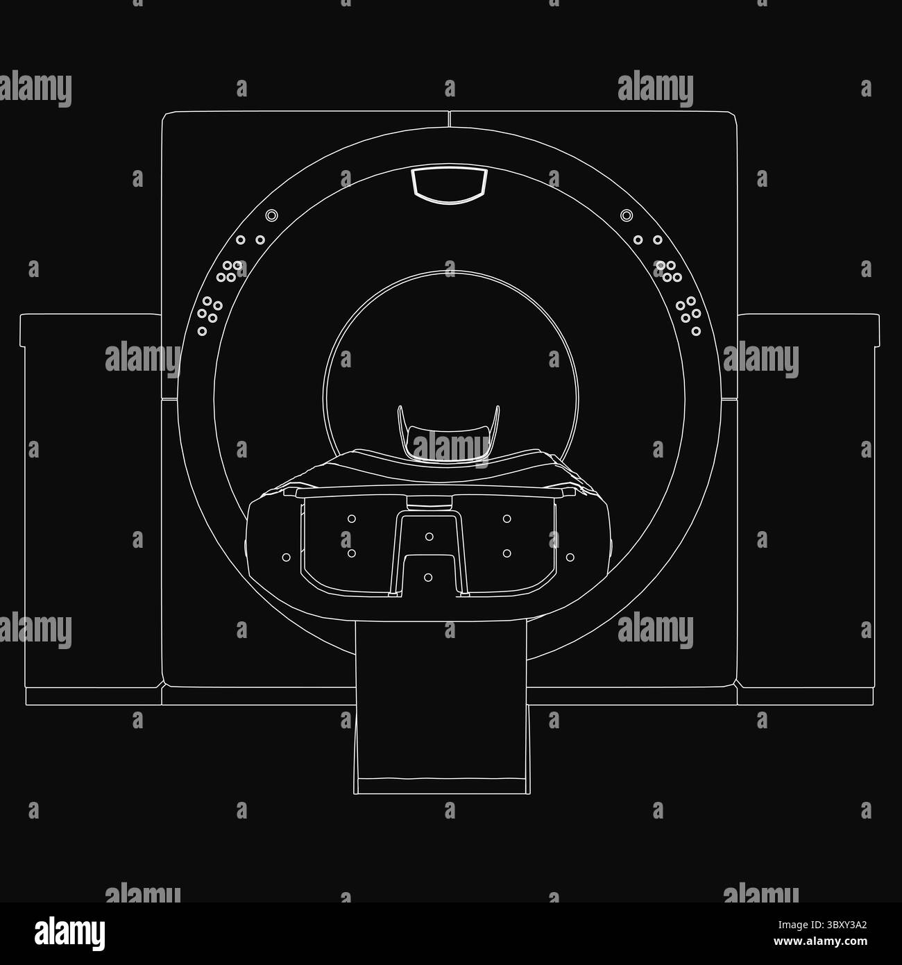Dessin en noir et blanc d'un appareil IRM, un type de scanner de tomodensitométrie, présentant une forme cylindrique avec une poignée supérieure et une commande latérale p Illustration de Vecteur