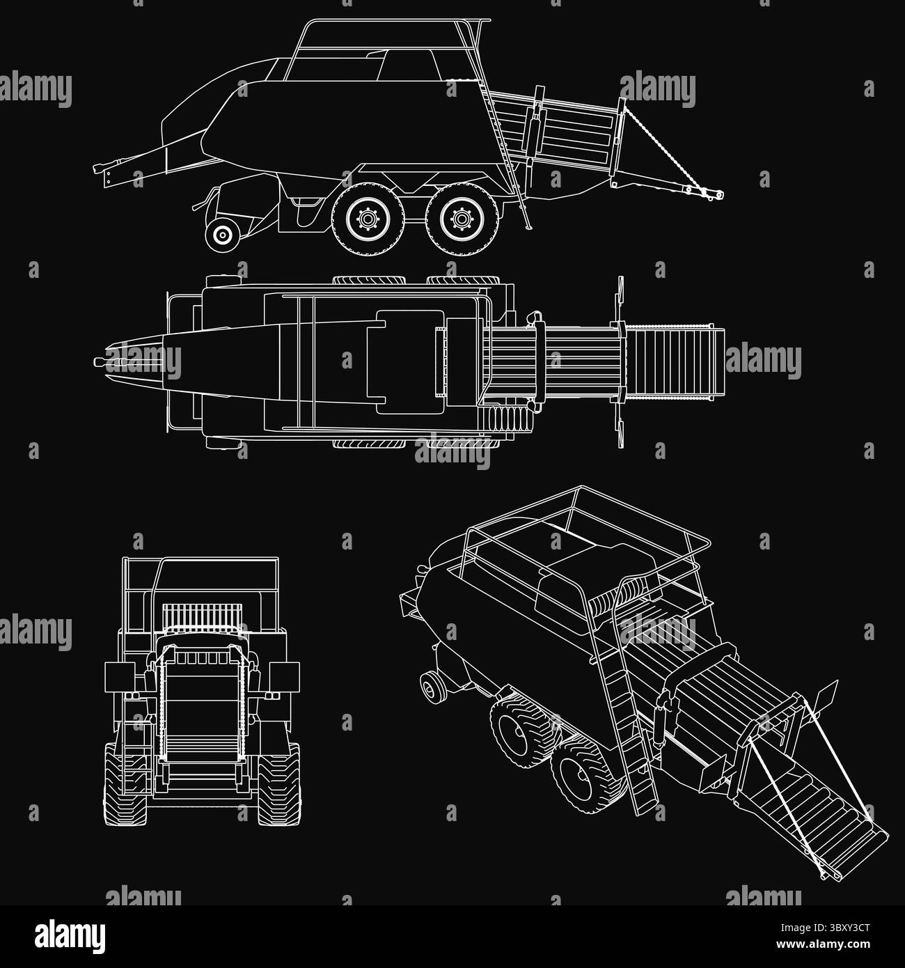 Un plan détaillé d'une moissonneuse-batteuse sur fond noir présente plusieurs modèles de véhicules, dont un tracteur, un camion et une remorque. Effacer ou Illustration de Vecteur