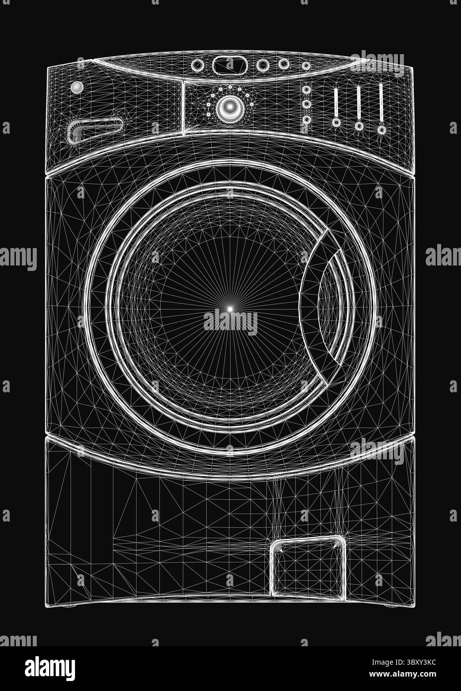 Filaire noir et blanc d'une machine à laver avec des lignes épurées et des détails géométriques, isolé sur un fond sombre. L'illustration 3D minimaliste h Illustration de Vecteur