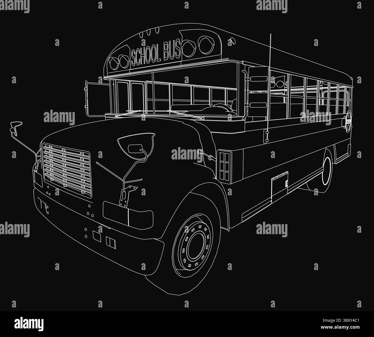 Une illustration d'autobus scolaire en noir et blanc se distingue par des contours blancs audacieux sur un fond sombre. Le design minimaliste met en valeur le véhicule Illustration de Vecteur
