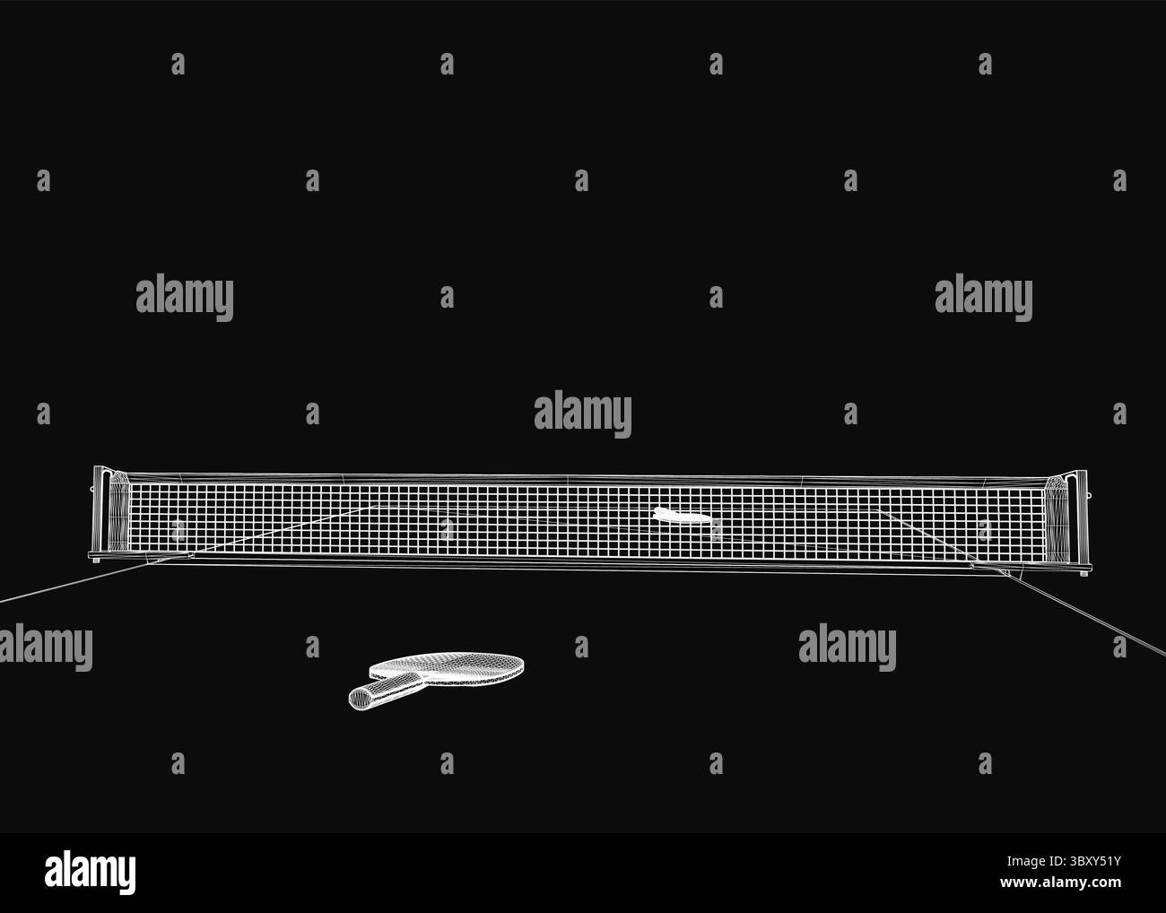 Une illustration en noir et blanc d'un filet de badminton et d'une raquette sur un fond sombre, avec des matériaux robustes pour la durabilité et un surf de jeu sécurisé Illustration de Vecteur