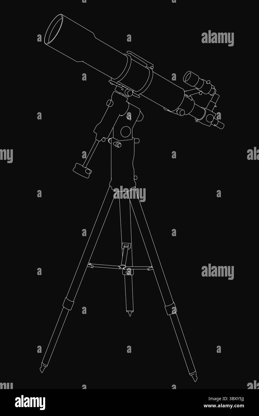 Dessin de contour noir et blanc d'un télescope monté sur un trépied robuste, placé sur un fond sombre. L'illustration présente des lignes nettes et Illustration de Vecteur