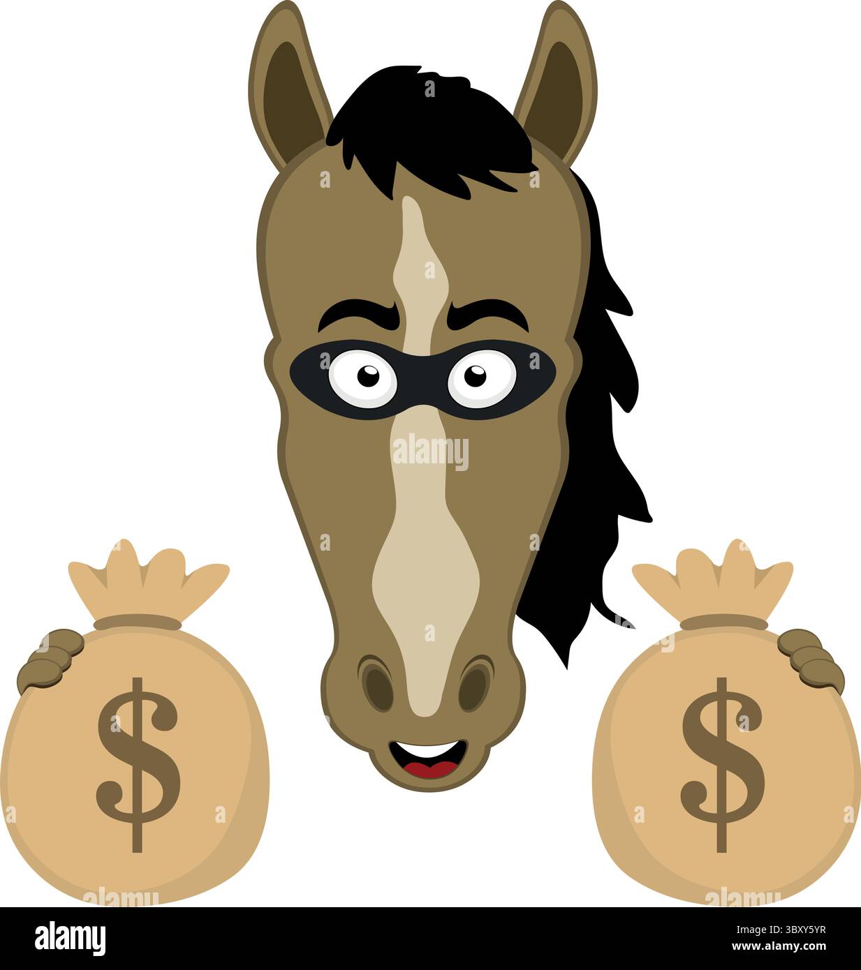 illustration vectorielle personnage visage dessin animé tuyau, avec un masque de voleur, tenant des sacs d'argent avec ses mains Illustration de Vecteur