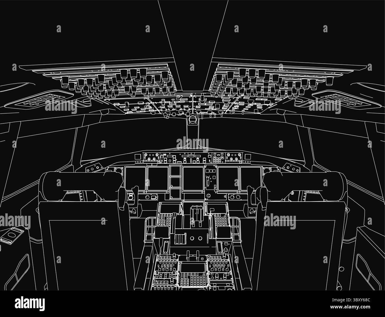 Dessin de contour noir et blanc d'un cockpit d'avion comportant deux sièges, des panneaux de commande et divers instruments sur fond sombre. Le det Illustration de Vecteur