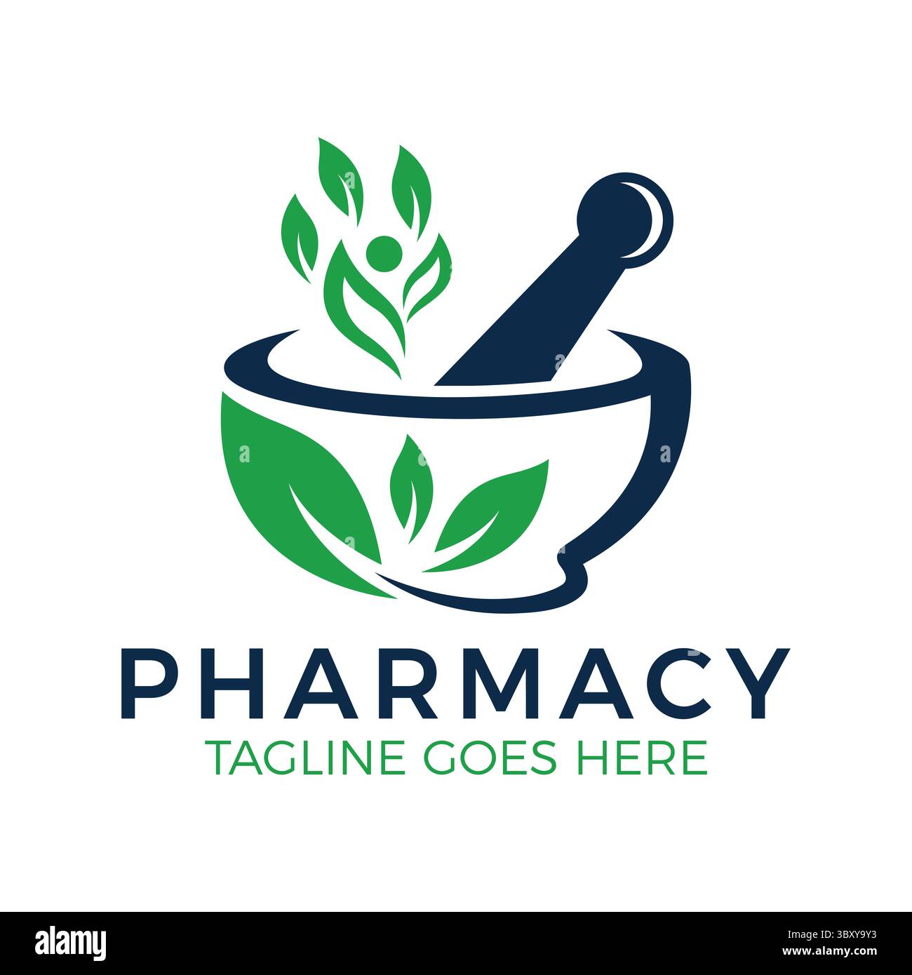 Modèle de logo de pharmacie à base de plantes conception de marque vectorielle avec mortier, pilon et symbole de feuille pour la médecine naturelle. Illustration de Vecteur