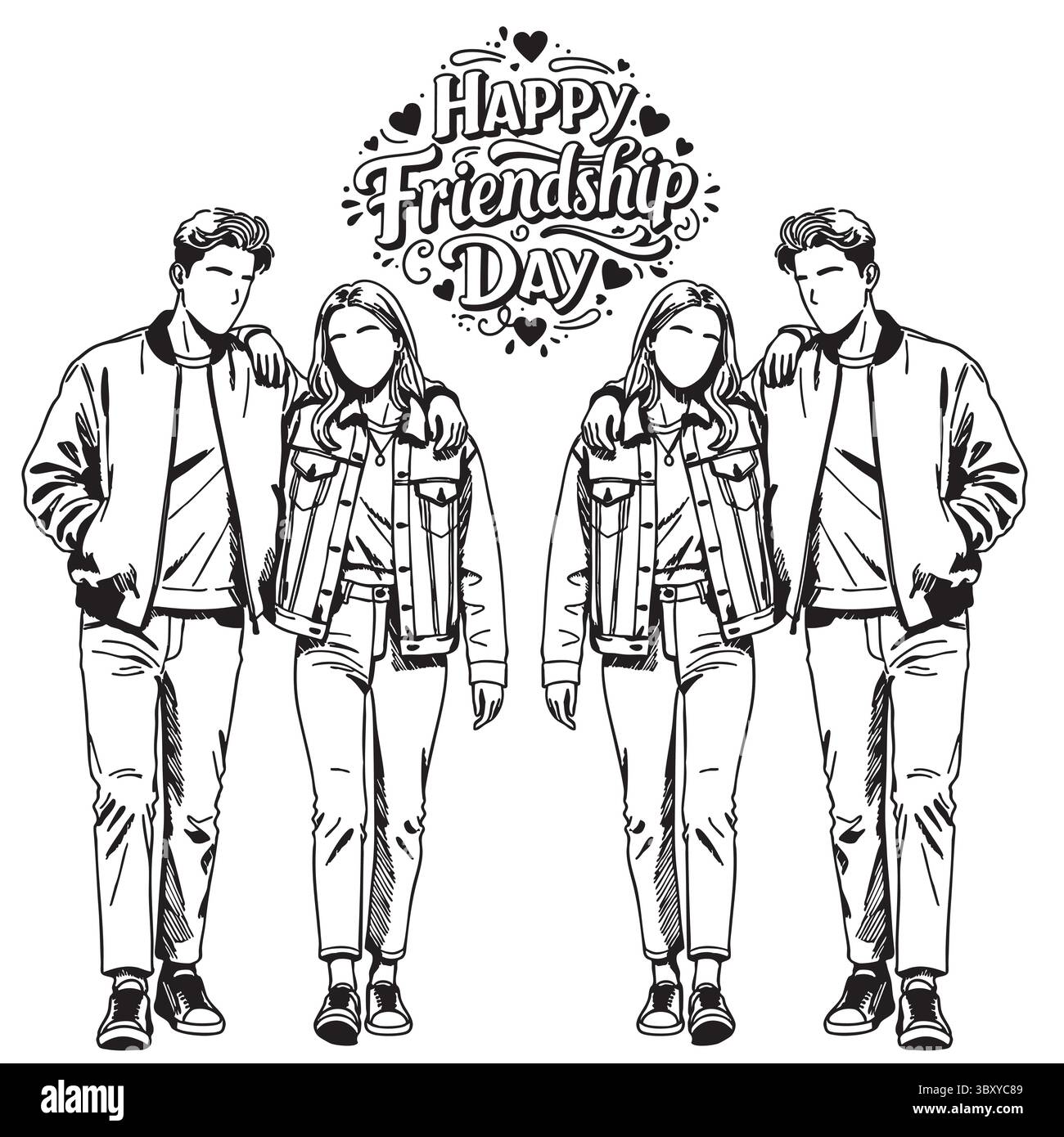 Friendly Day illustrations vectorielles dessinées à la main de meilleurs amis embrassant, riant, assis ensemble, œuvres d'amis de groupe pour cartes, affiches, autocollant Illustration de Vecteur