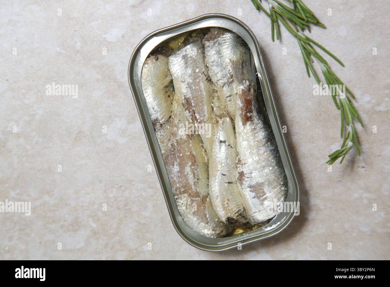 Vue aérienne de l'étain de sardine ouvert, grande source d'apport quotidien en protéines Banque D'Images