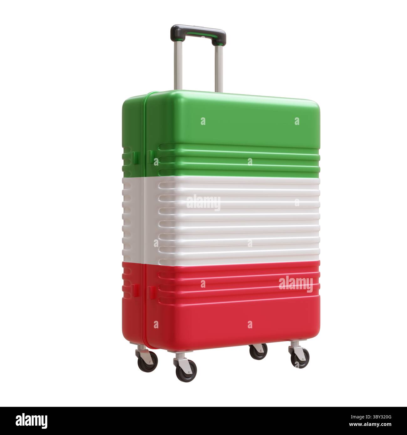Voyage en Italie. Valise drapeau italien isolé sur blanc, rendu 3D. Banque D'Images