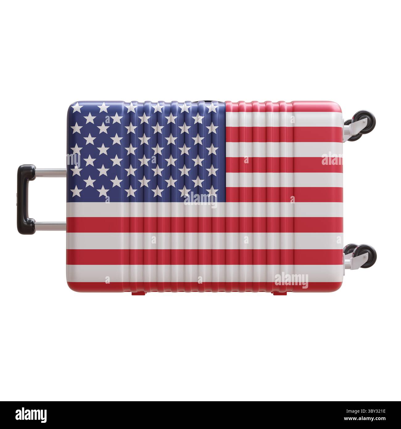 Voyage aux États-Unis d'Amérique, valise drapeau USA isolé sur blanc, rendu 3D. Banque D'Images