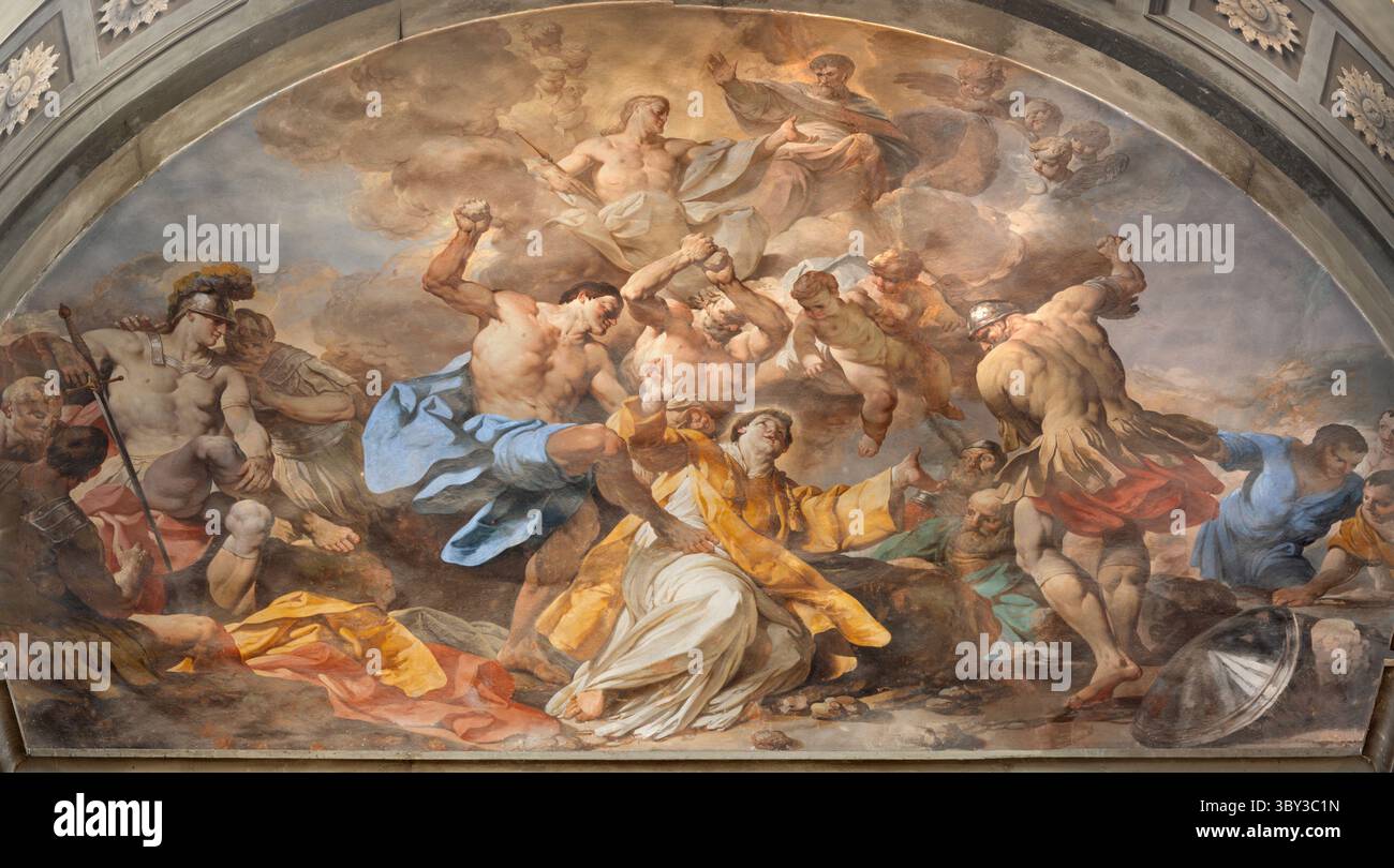 FLORENCE, ITALIE - 17 MARS 2025 : la fresque baroque de lapidation d'Étienne dans l'église Badia Fiorentina de Gian Domenico Ferretti (1730). Banque D'Images