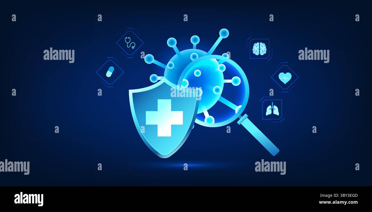 Technologie médicale, loupes pour la visualisation des virus, montrant le développement de vaccins contre les virus de la maladie, pour la prévention de Illustration de Vecteur