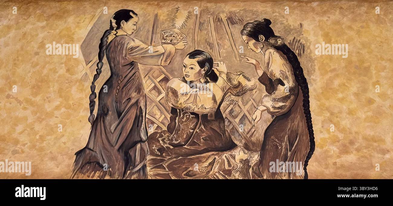 Peinture de style vintage de trois femmes en robe traditionnelle à l'intérieur d'une maison en bois Banque D'Images