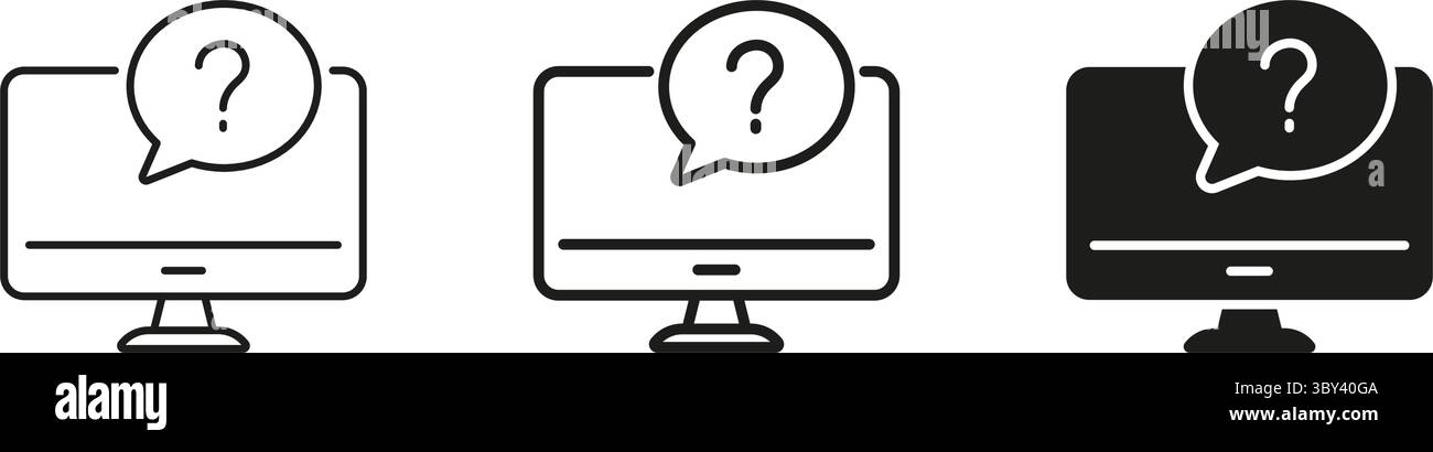 Ordinateur avec icône point d'interrogation définie. Support technique, aide informatique, aperçu de l'assistance en ligne et collection de symboles Silhouette. Service clientèle et Illustration de Vecteur