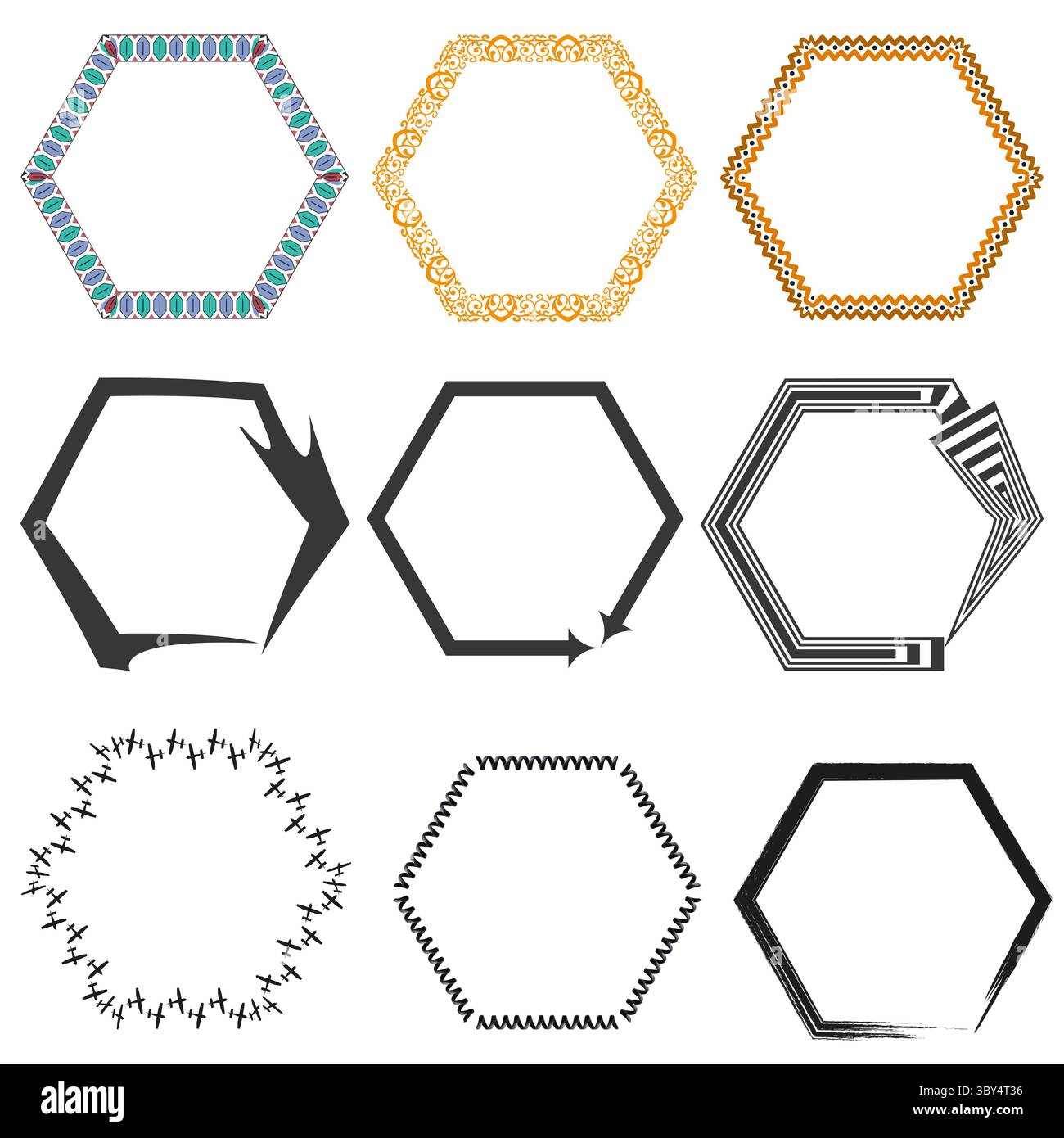 Cadres hexagonaux créatifs. Formes vectorielles répétitives. Symboles de bordure artistiques. Contours noirs stylisés. Illustration de Vecteur